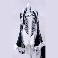 Long flared sleeve ruffle lace bowknot bodysuit