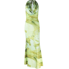 Halter cowl neck contrast backless maxi dress