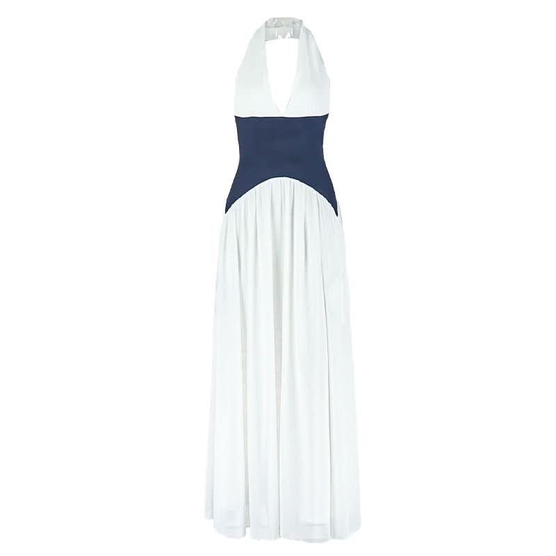 Halter v neck button mesh maxi dress