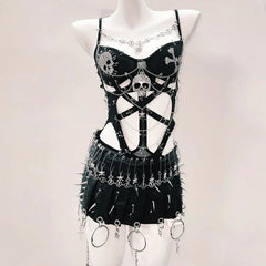 Hollow out metal chain skull applique v neck bodysuit
