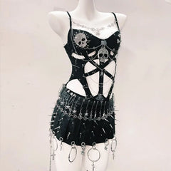 Hollow out metal chain skull applique v neck bodysuit