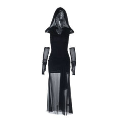 Mesh hoodie cowl neck ruched maxi dress