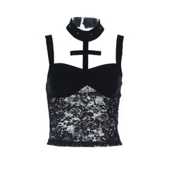 Halter lace button backless cami top