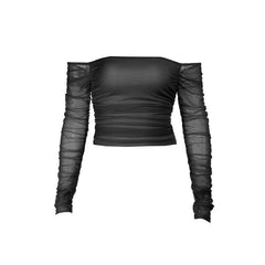 Long sleeve off shoulder ruched mesh tube top