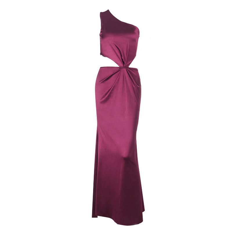 One shoulder hollow out satin zip-up cut out maxi dress
