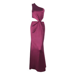 One shoulder hollow out satin zip-up cut out maxi dress