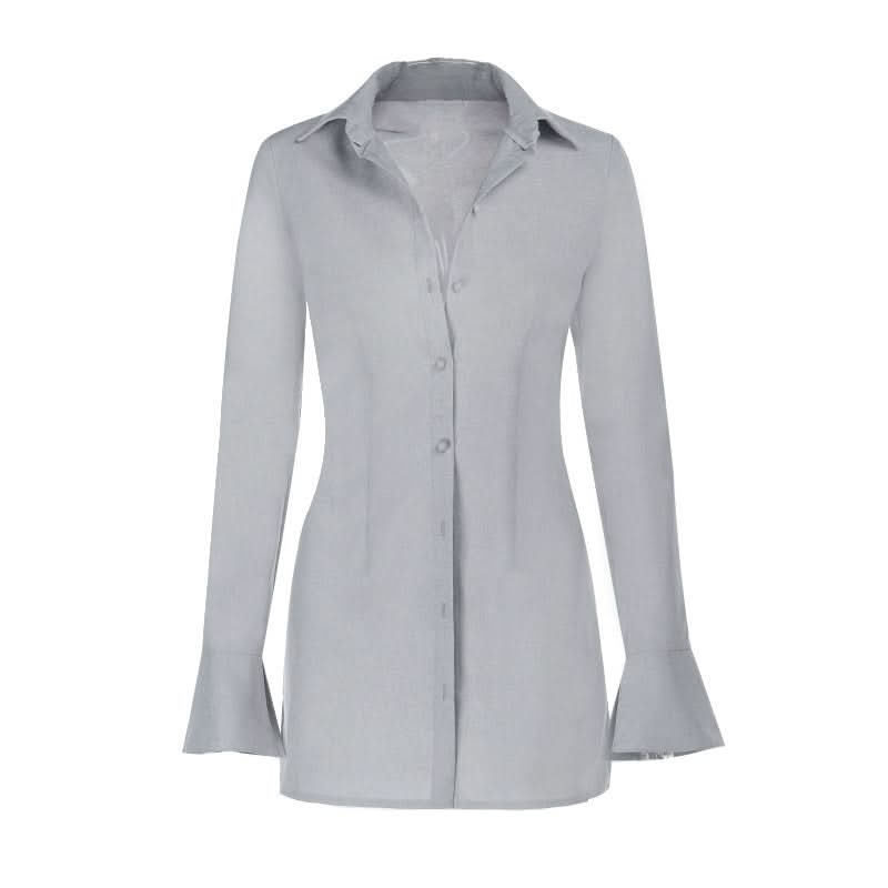 Long flared sleeve turnover collar button top