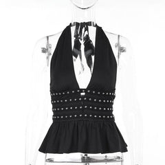 Halter deep rivet v neck ruched ruffle top