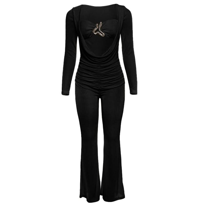 Ruched long sleeve solid hollow out jumpsuit