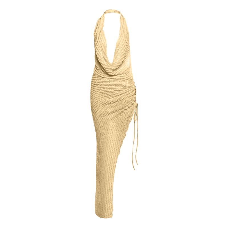 Cowl neck halter ruched slit irregular midi dress
