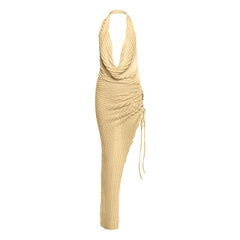 Cowl neck halter ruched slit irregular midi dress