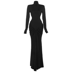 Long sleeve padded ruched high neck maxi dress