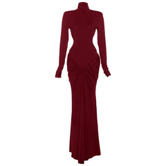 Long sleeve padded ruched high neck maxi dress