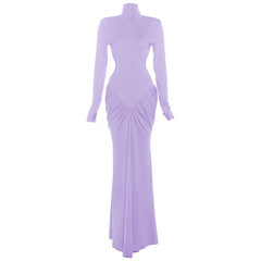 Long sleeve padded ruched high neck maxi dress