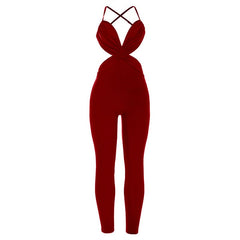 Cross back v neck ruched zip-up jumpsuit
