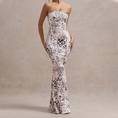 Print contrast backless tube maxi dress
