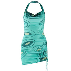 Print halter cowl neck ruched drawstring mini dress