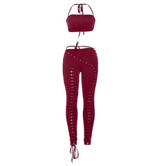 Self tie halter square neck lace up pant set