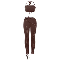 Self tie halter square neck lace up pant set