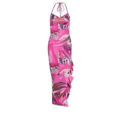 Halter ruffle high slit contrast maxi dress