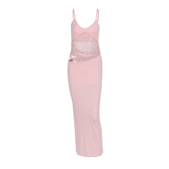 Mesh patchwork hollow out cami cut out maxi dress