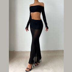 Long sleeve gloves ruched off shoulder maxi skirt set