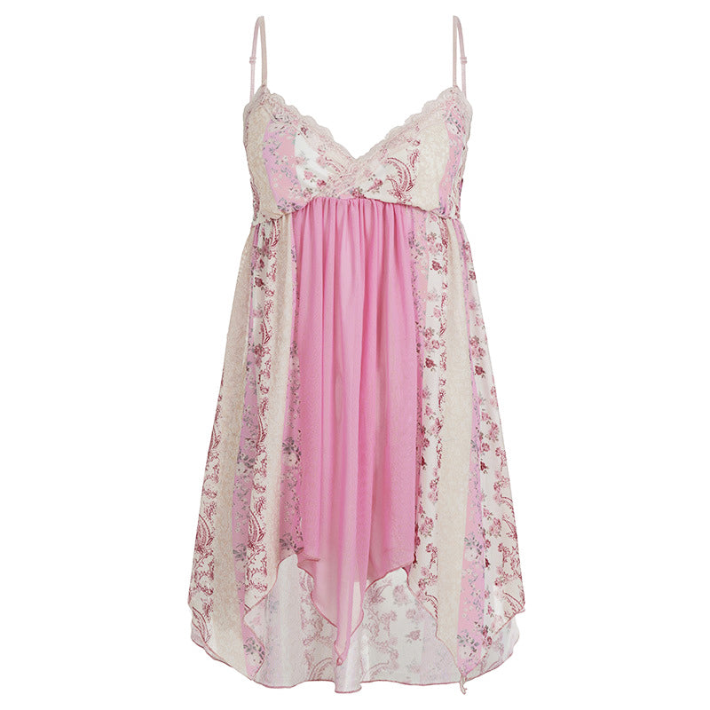 Lace hem v neck print irregular cami top