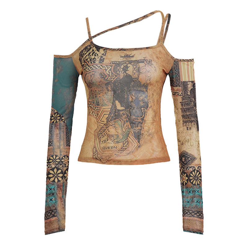 Long sleeve print mesh off shoulder cami top
