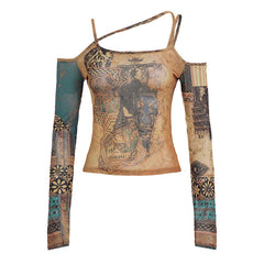 Long sleeve print mesh off shoulder cami top