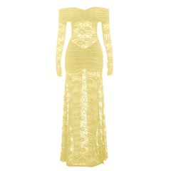Ruched long sleeve lace off shoulder maxi dress
