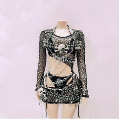 Long sleeve hollow out skull applique fishnet cut out mini dress