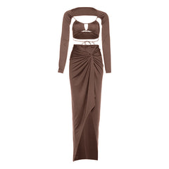 Long sleeve hollow out irregular slit maxi skirt set