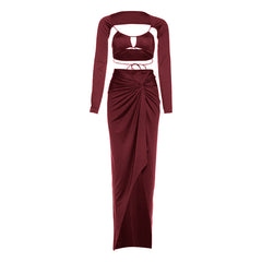Long sleeve hollow out irregular slit maxi skirt set