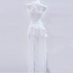 One shoulder lace hem flower applique mini dress