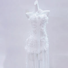 One shoulder lace hem flower applique mini dress