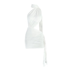 Irregular ruched halter backless mini dress