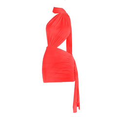 Irregular ruched halter backless mini dress