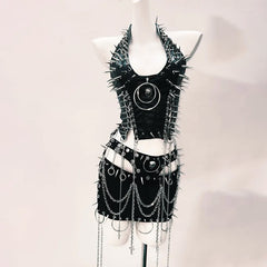 Halter o ring rivet PU leather zip-up mini skirt set