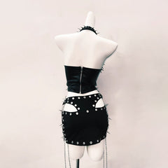 Halter o ring rivet PU leather zip-up mini skirt set