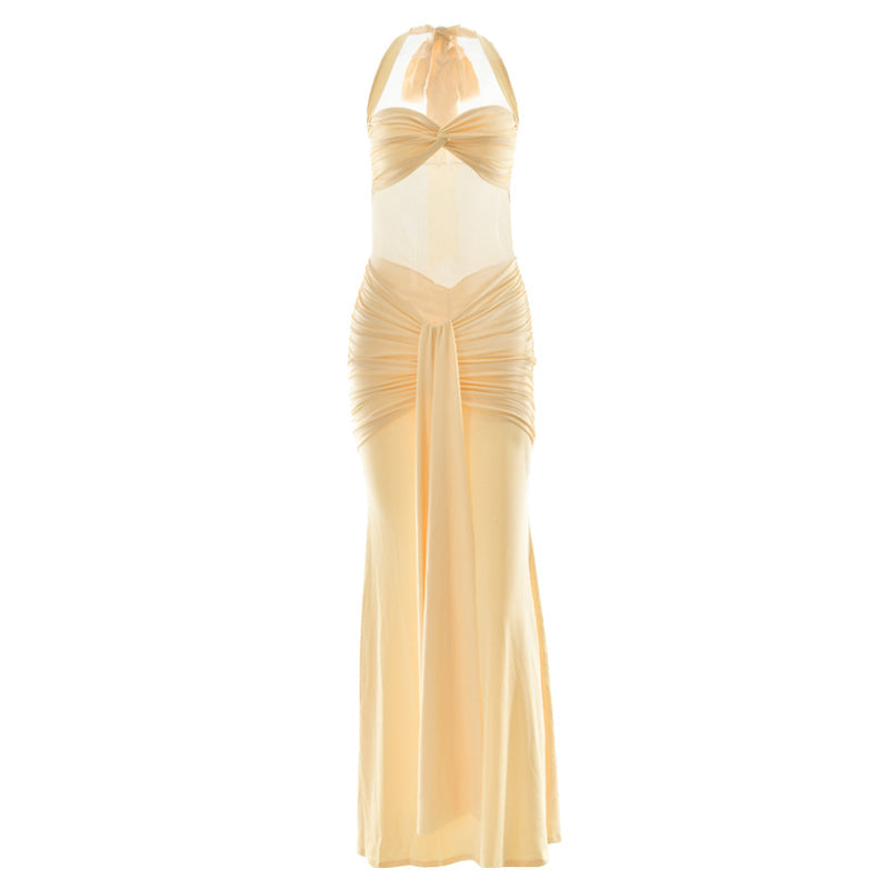 Ruched halter self tie v neck maxi dress