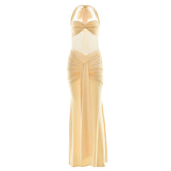Ruched halter self tie v neck maxi dress