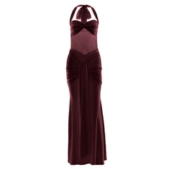 Ruched halter self tie v neck maxi dress