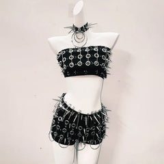 Rivet o ring hollow out short pant set