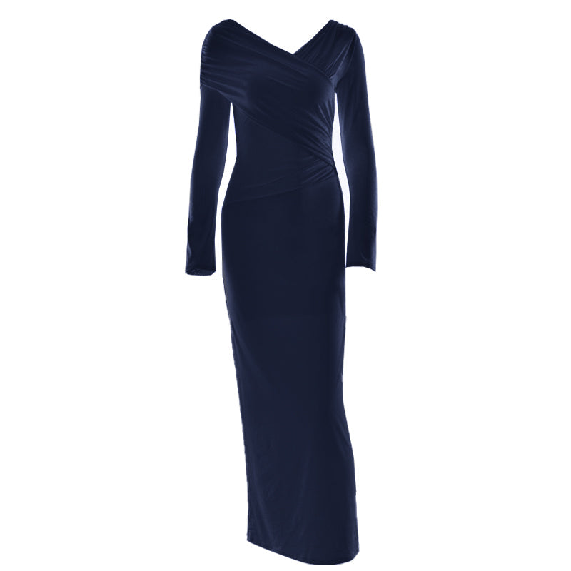 Long sleeve v neck ruched solid maxi dress