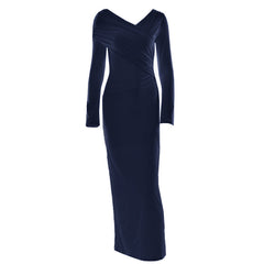 Long sleeve v neck ruched solid maxi dress