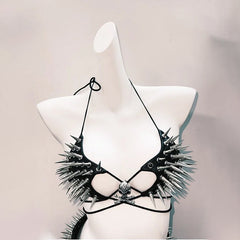 Rivet halter self tie pleated belt mini skirt set