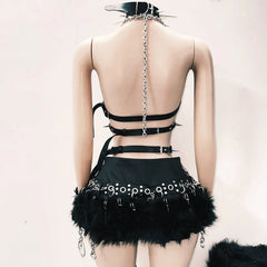 Halter buckle rivet hollow out o ring mini skirt set