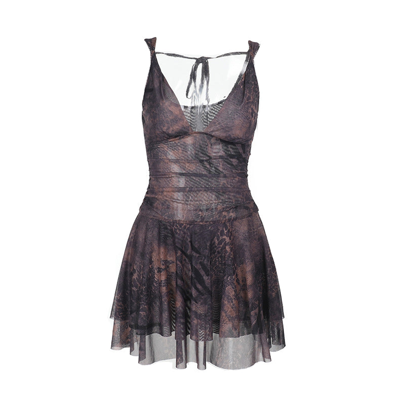 V neck print mesh cami mini dress