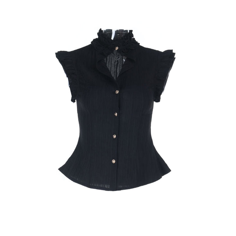 Turnover collar textured button ruffle top