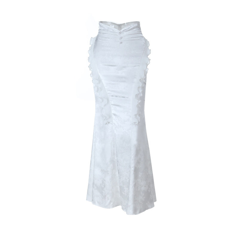 Beaded ruffle lace zip-up maxi skirt